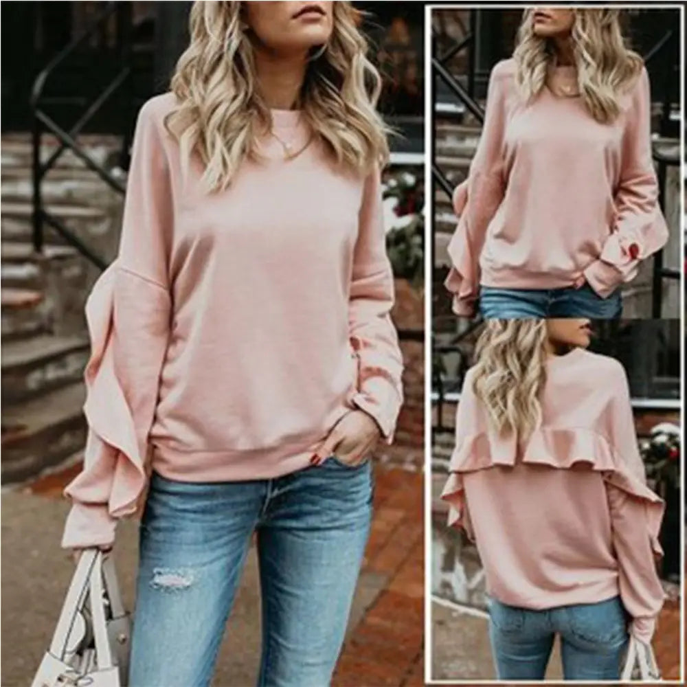 Lovemi - Loose Long-Sleeved T-Shirt Women Round Neck Solid