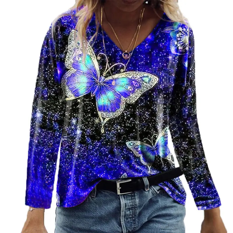 Lovemi - New Casual Top V-neck Butterfly Print Loose