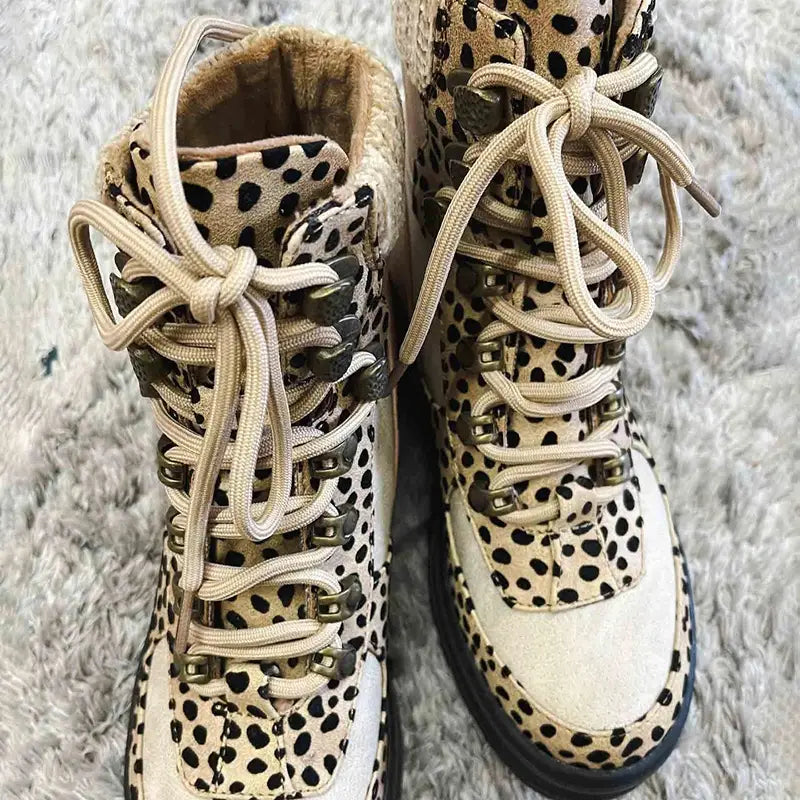 Leopard Boots Women Lace Up Martin Boots Winter Low Heel