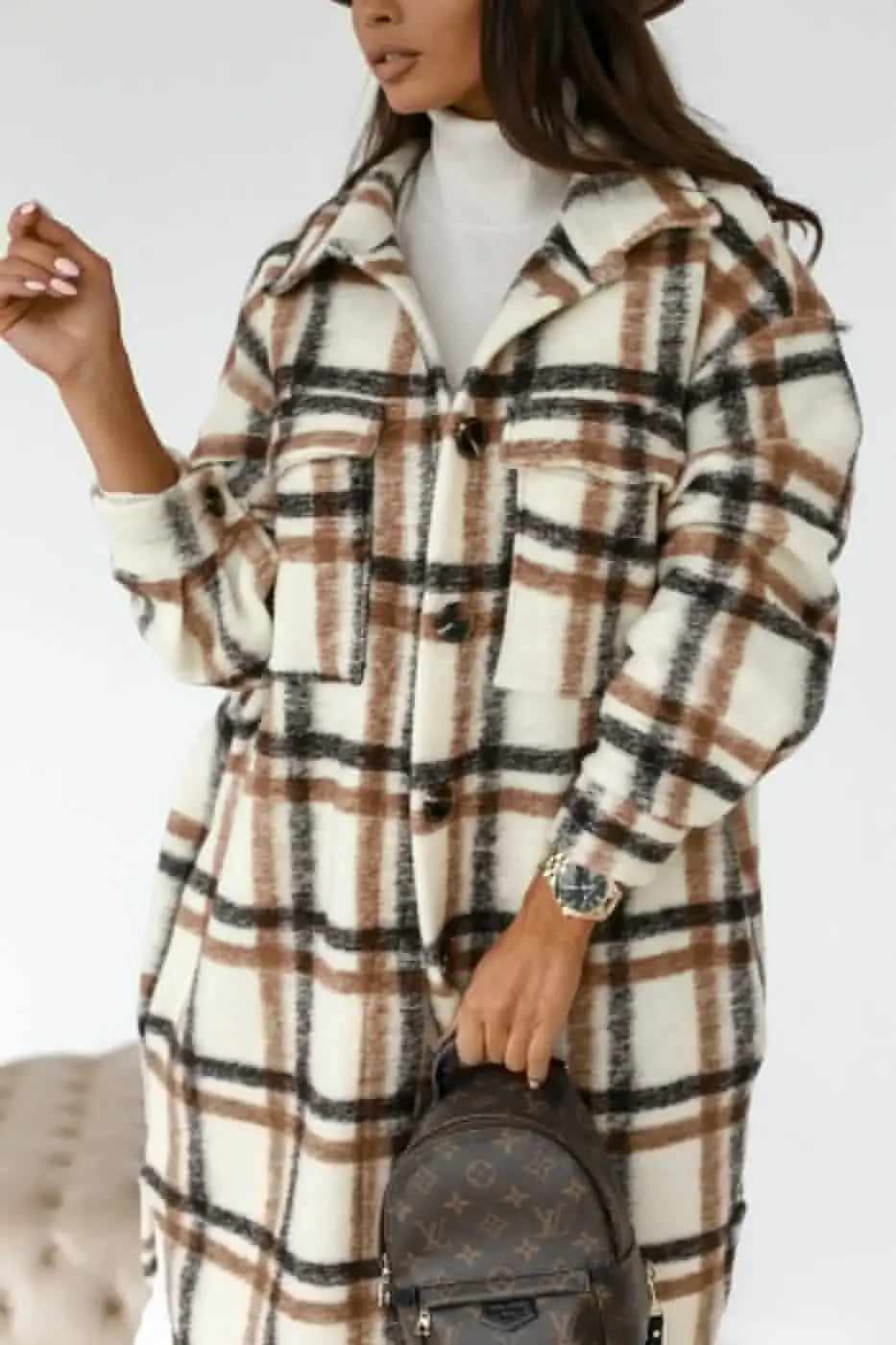 Lovemi - Manteau long en laine à carreaux chaud et décontracté avec revers boutonné
