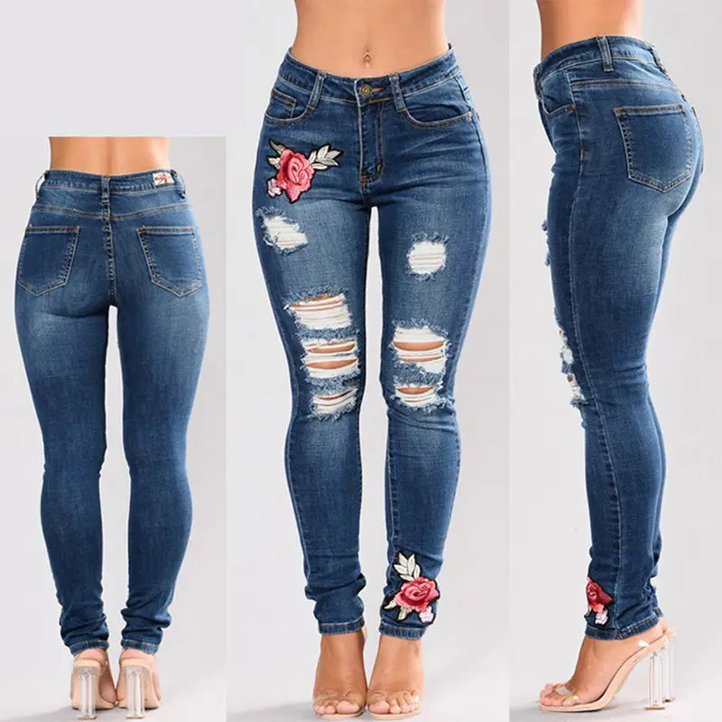 Lovemi - Embroidery jeans stretch jeans pants