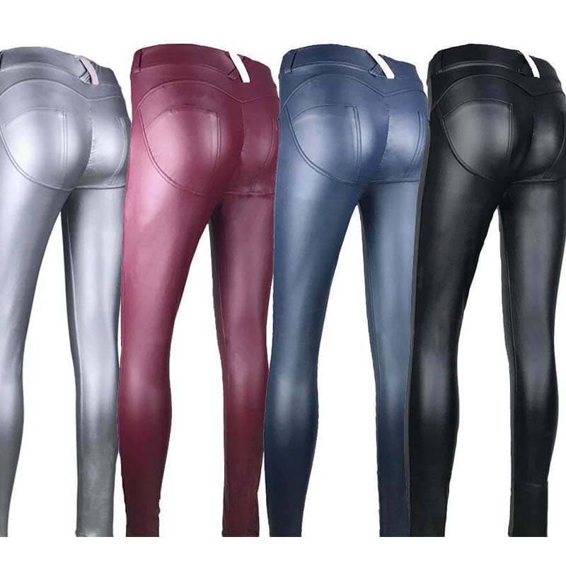 Lovemi - Pantalon en cuir à haute élasticité couleur pêche pour femmes