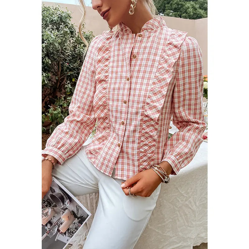Lovemi - Retro Check Pink Puff Sleeve Shirt Pastoral Ruffled
