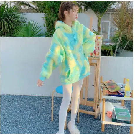 Lovemi - Student Loose Coat Color Tie-dye Thickened