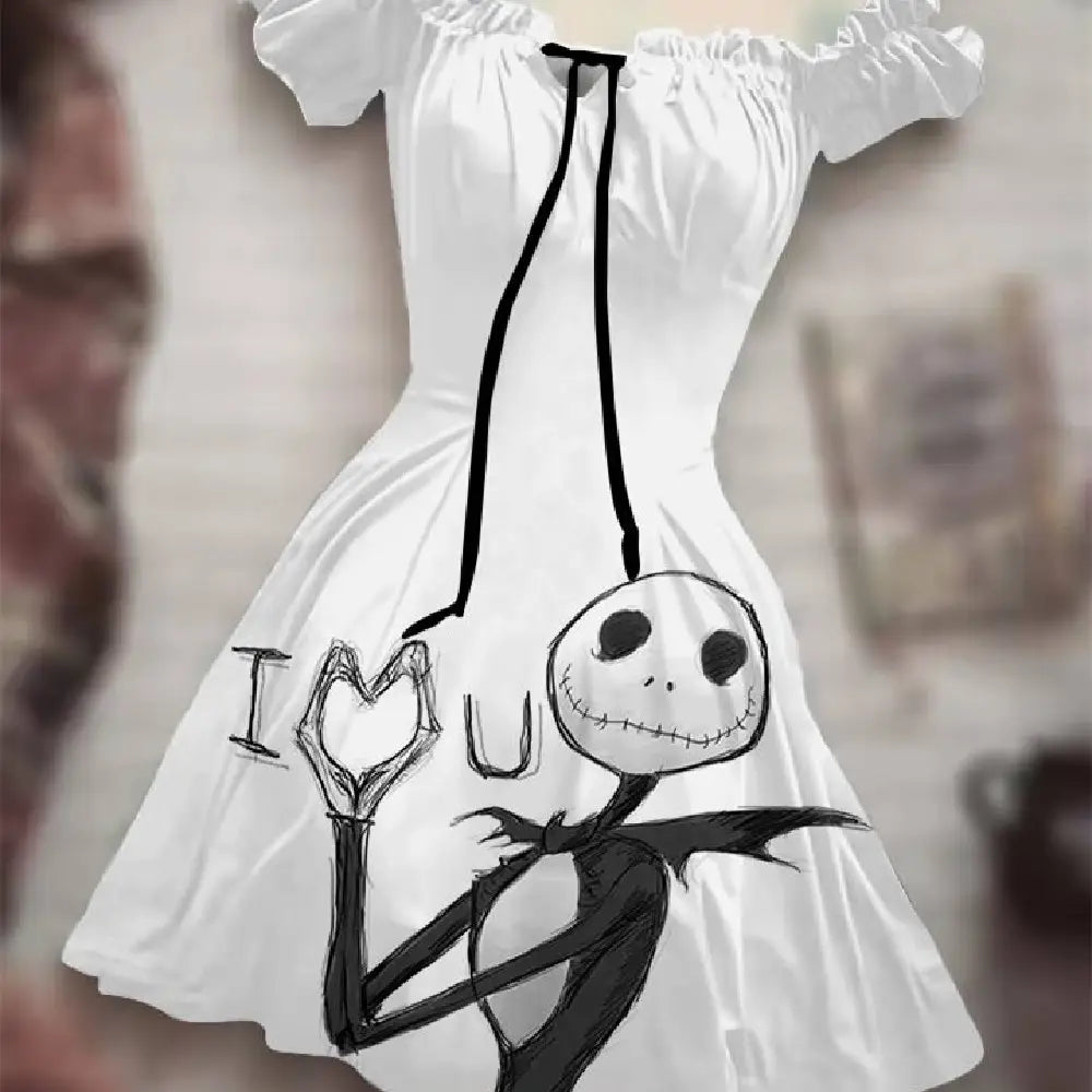 Lovemi - Halloween Print Drawstring Dress With Puffy Sleeves