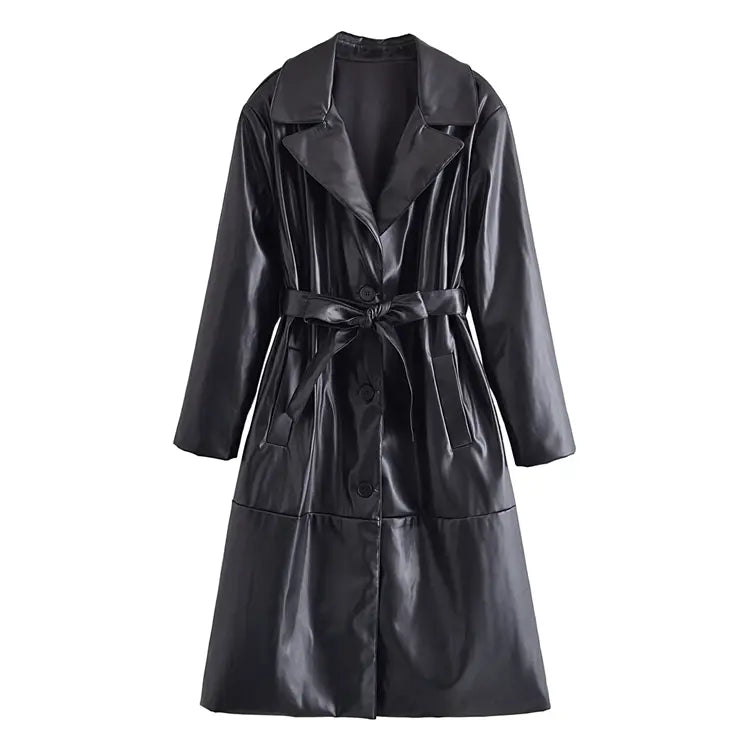 Lovemi - Stylish Belted Faux Leather Trench Coat