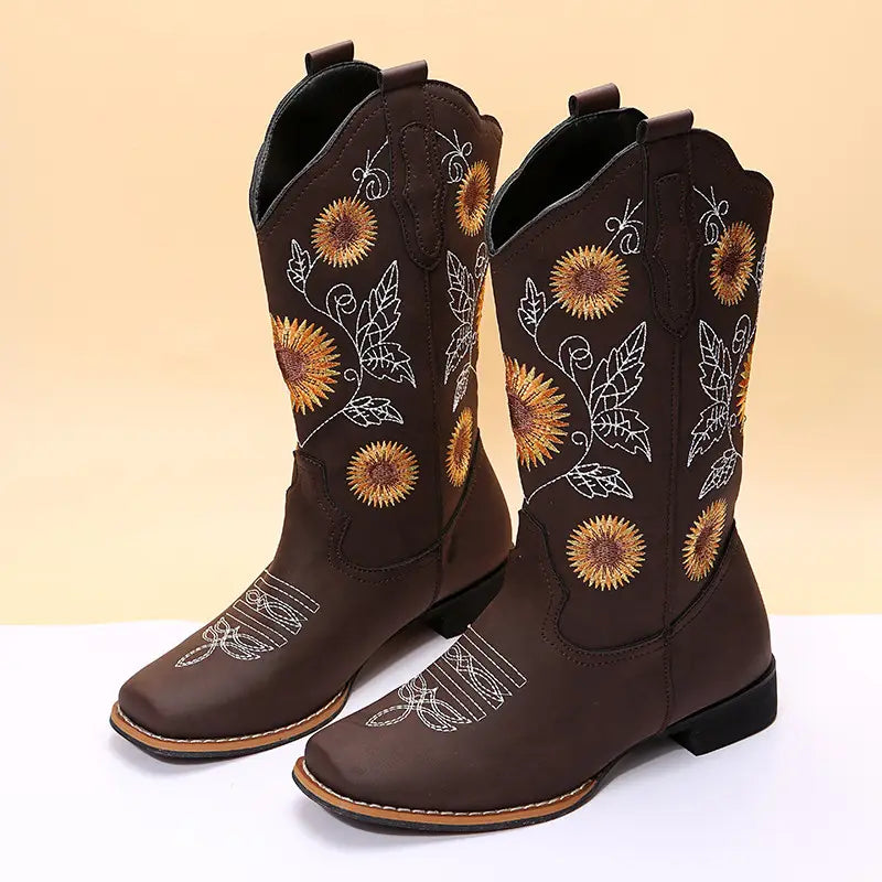 Cowboy Boots Women Sunflower Embroidery Shoes Low Heel