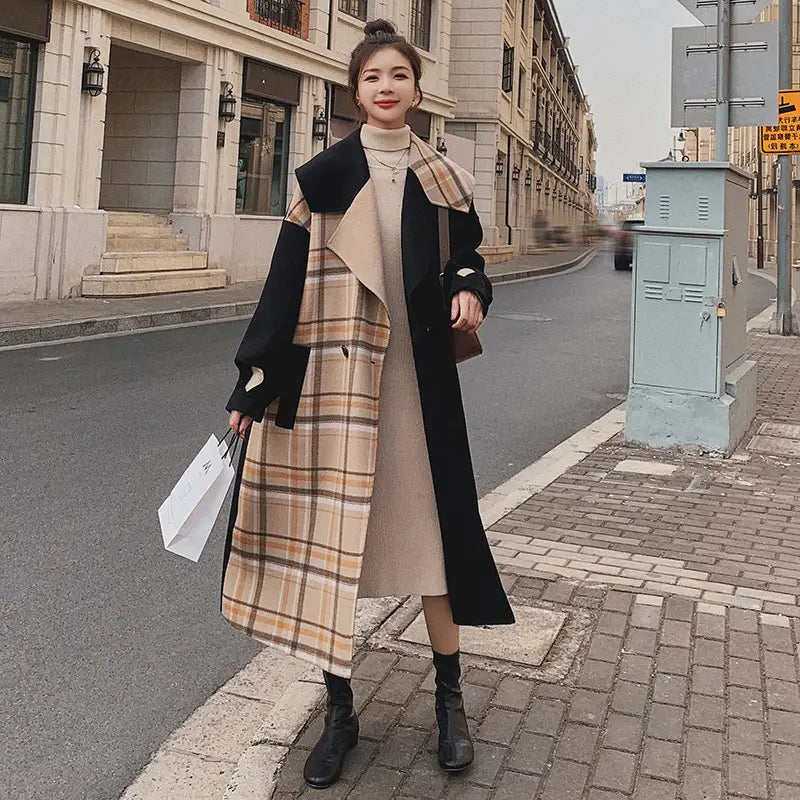 Lovemi - Temperament Commuter All-match Woolen Coat Contrast