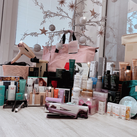 a full image of a large beauty haul for a christmas beauty competition