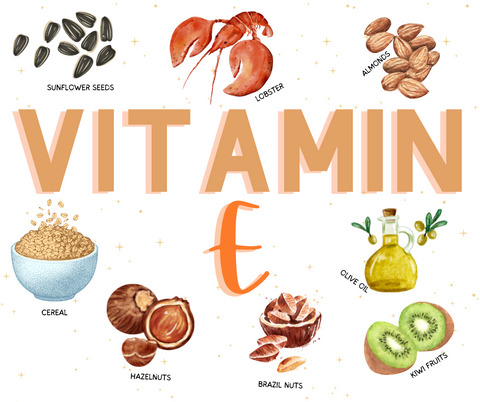 inforgraphic image showing foods that are rich in Vitamin E - Sunflower seeds, lobster, almonds, cereal, hazelnuts, Brazil nuts, kiwi fruits and olive oil.