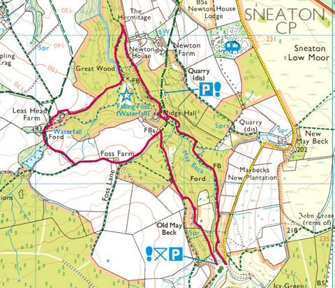 Map of the circular route in the North York Moors of Falling Foss, May Beck and The Hermitage