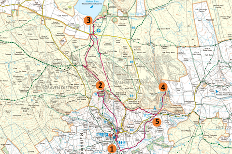 Circular route for Malham Cove with places of interest marked