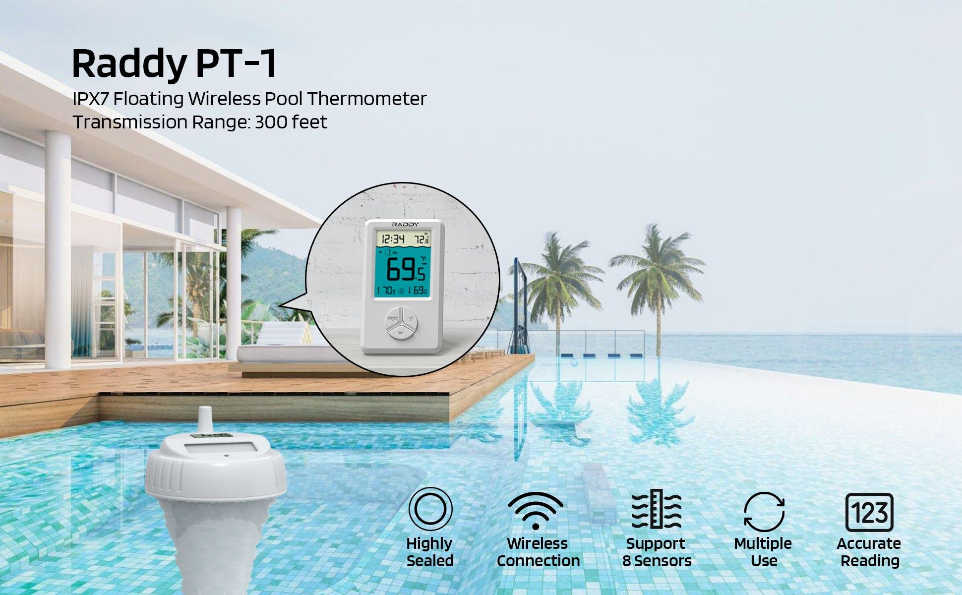 Raddy PT-1 Wireless Water Thermometer, Digital Screen