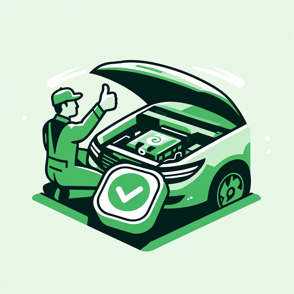 DALL·E 2024-05-10 11.59.39 - A minimalistic illustration in green tones, depicting a mechanic giving a thumbs-up next to a car with its engine bay open, showing a newly installed .webp__PID:bf75bff5-24a5-4efe-b768-4c583c8825d0