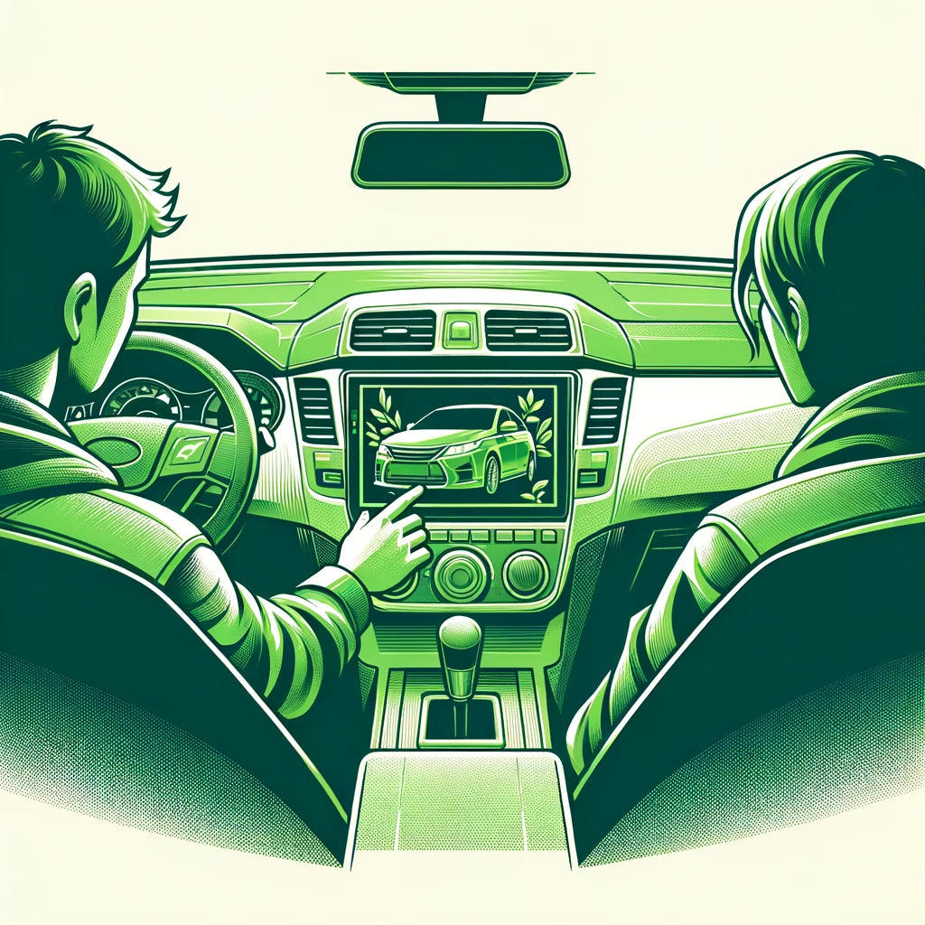 DALL·E 2024-05-10 12.44.46 - Create a simple illustration in green tones showing a customer using a newly installed widescreen where the old radio unit used to be in a car. The cu.webp__PID:a5befef7-684c-483c-8825-d0139ca77e34