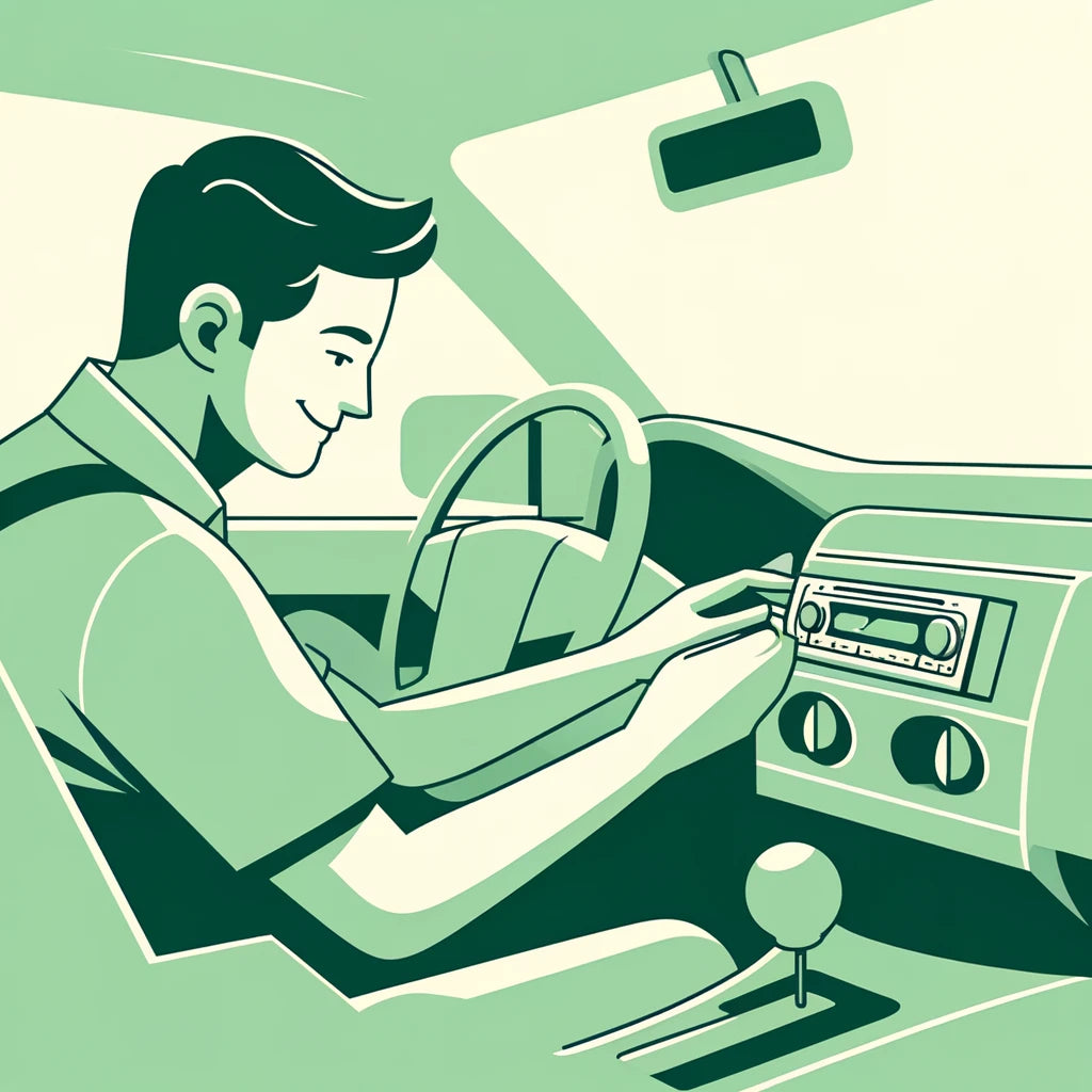 DALL·E 2024-05-10 12.45.07 - Create a minimalistic illustration in green tones depicting a stress-free installation of a new radio unit in a car. The image shows a mechanic, weari.webp__PID:24a5befe-f768-4c58-bc88-25d0139ca77e