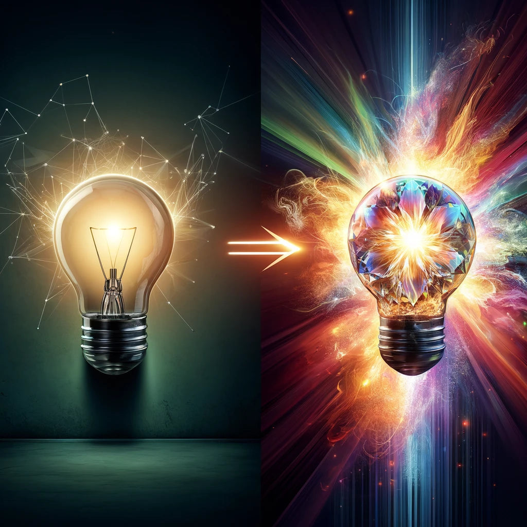DALL·E 2024-05-10 12.53.03 - Create a striking illustration that vividly contrasts a basic idea with a supreme one. The image shows, on the left, a simple, dimly lit light bulb re.webp__PID:fef7684c-583c-4825-9013-9ca77e34dd6c