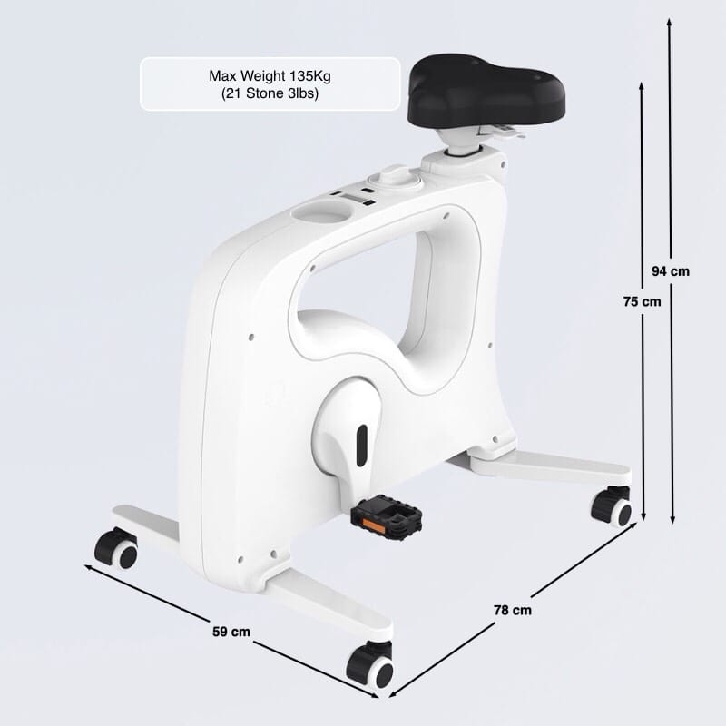 Workercise Pro under desk exercise bike dimensions diagram showing height, width, depth and maximum weight