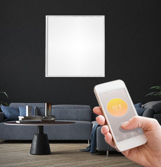 Wifi heater - infrared panel with full smart phone control in operation in a living room