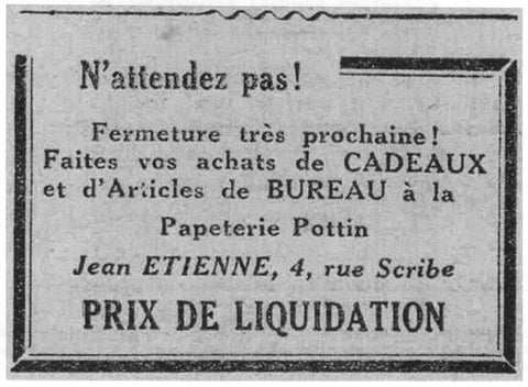 Bekanntmachung über den Abschluss des Verkaufs aller Artikel, dauerhafte Schließung, Schreibwaren, Pottin