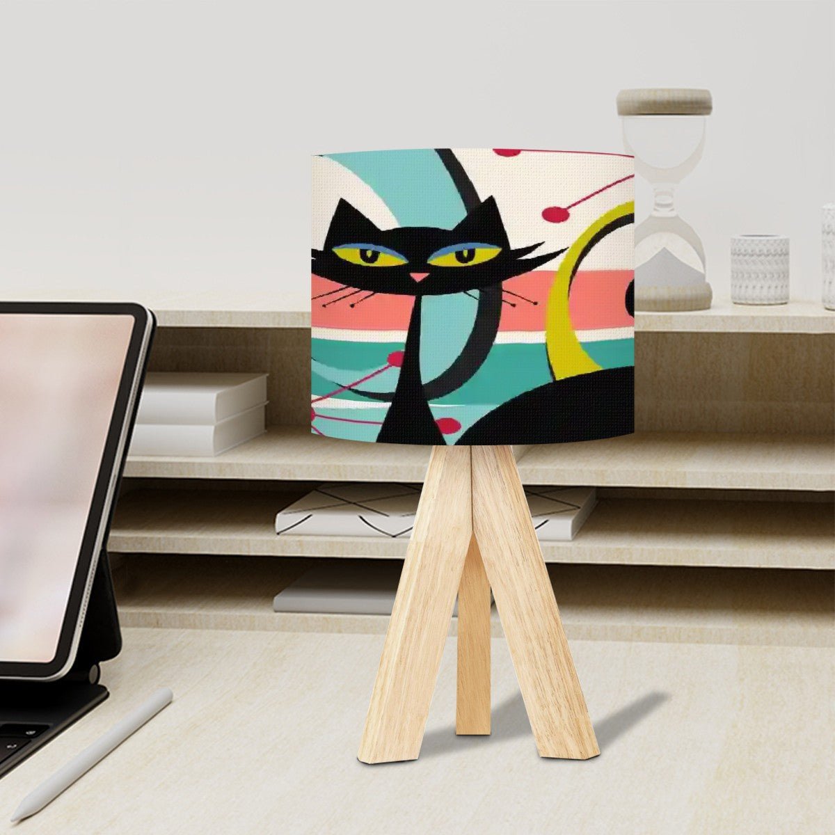 Atomic Cat Mid Century Modern Table Lamp, Retro 50s Kitsch, Atomic Age Accent Light, MCM Tripod Desk Lamp