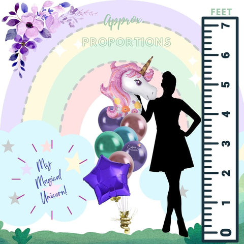 Extra tall Balloon Bouquet. Featuring a sweet 33" Unicorn balloon and a set of matching colored balloons, anchored to a decorated weight. Original design comes with a star but you can choose your occasion (Birthday, Get Well, Hearts)