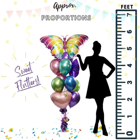 Balloons Salem Oregon. Balloon delivery. Extra tall Balloon Bouquet. Featuring a colorful 44" Butterfly balloon and a set of matching colored balloons, anchored to a decorated weight. Original design comes with a pink heart but you can choose your occasion.