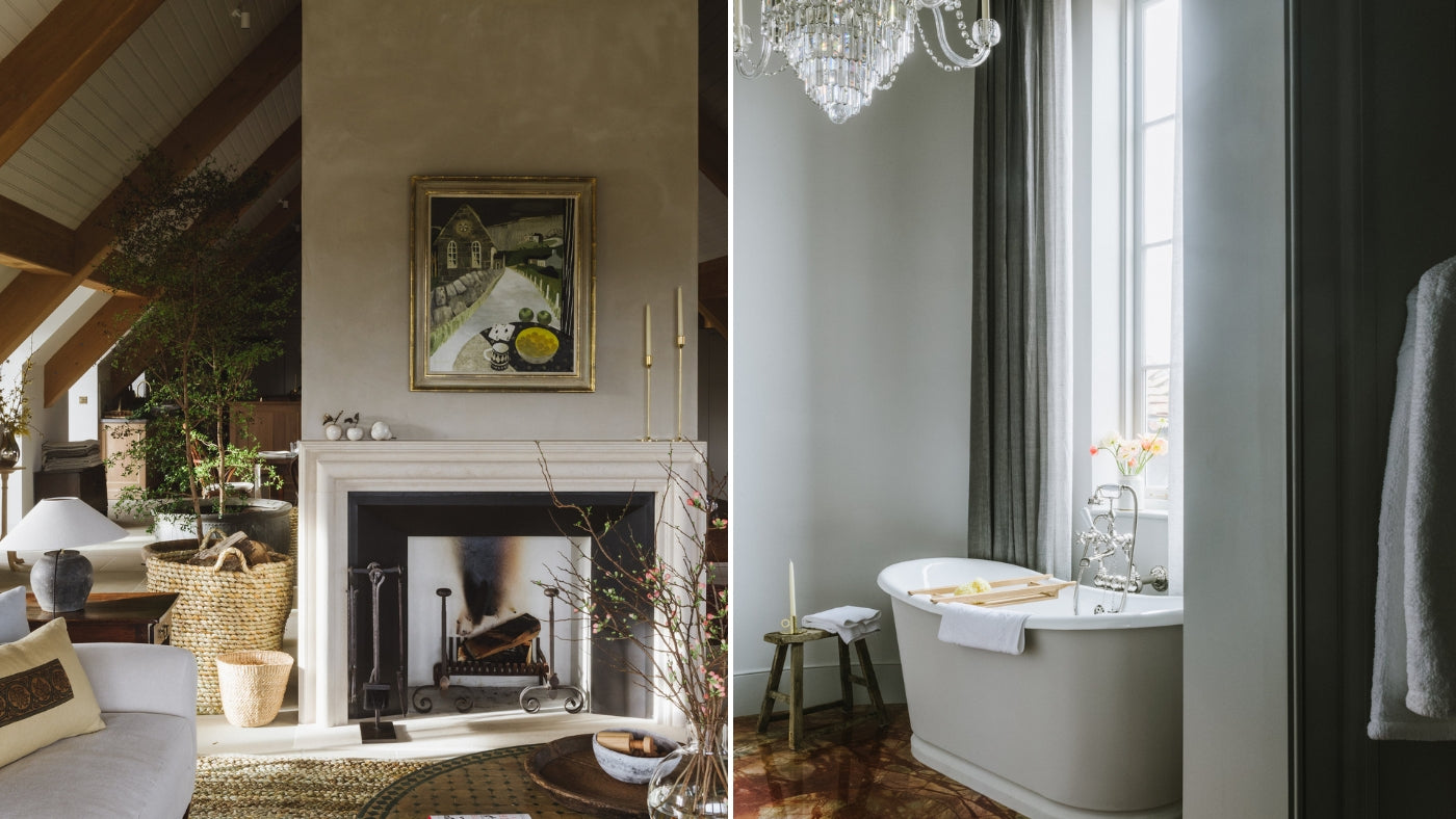 guest room with fireplace juxtaposed next to luxury hotel bathtub