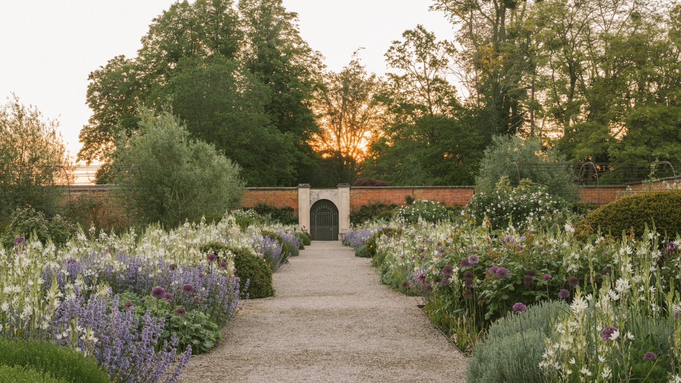 brick walled gardens with purple and white floral plants