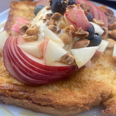 Kozy Notre Dame Paris Brunch French Toast with apples blueberries and nuts
