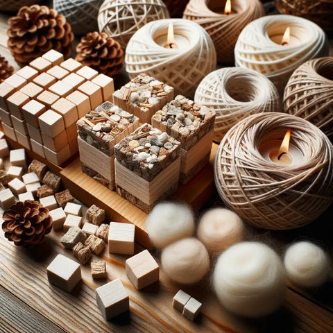 Photo of a wooden table surface with an assortment of firelighters: Natural firelighter cubes made of compressed wood shavings sit next to wax-coated cubes. Scattered around are thin firelighter chips and fluffy wool nests, all ready for use. The arrangement is aesthetically pleasing and showcases the variety.