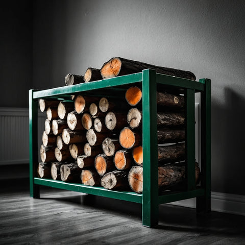 green metallic indoor firewood rack