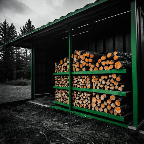 metallic green open logs and firewood shed
