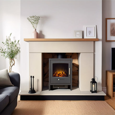 adam bergen stove fire in a cream surround in a modern living area