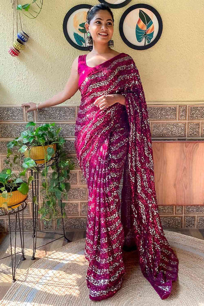 Wine Ready to Wear One Minute Lycra Saree - Clothsvilla