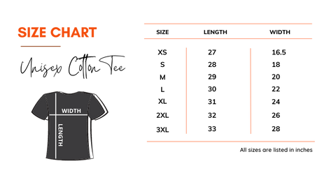Size chart of unisex tee ranging from sizes XS to 3XL and their length and width in inches
