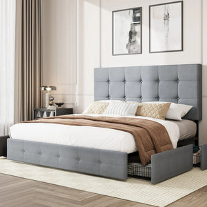 Amolife Platform Bed Frame with Square-stitched or  Diamond-stitched Headboard and 4 Drawers - Amolifefurniture - Upholstered Bed Frame