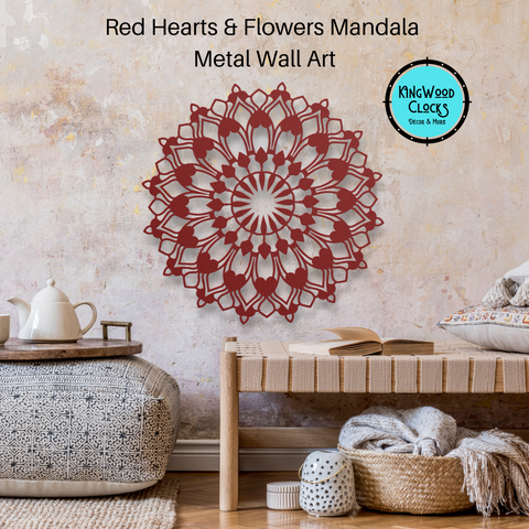 Hearts and Flowers Mandala Metal Wall Art, Wall Art, Large Living Room Artwork, Bohemian Wall Hanging, 3D Yoga Wall Decor, Housewarming Gift red