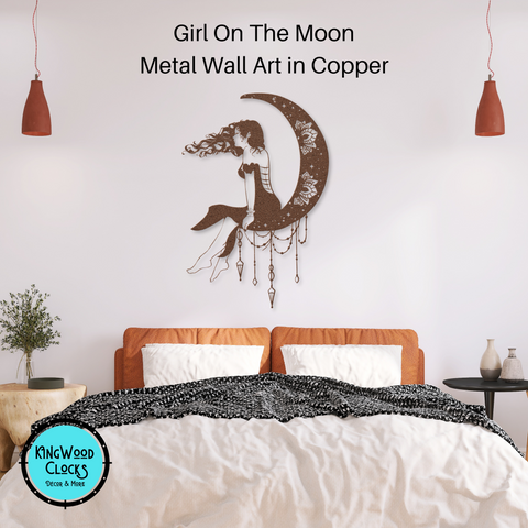 Girl On The Moon Metal Wall Art, Crescent Moon Phases Decor for Girls Bedroom, Mystical Dream Catcher Gift for Her, Dark Academia Mandala