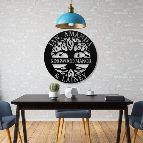 Tree Of Life Family Name Personalized Metal Wall Art black in kitchen
