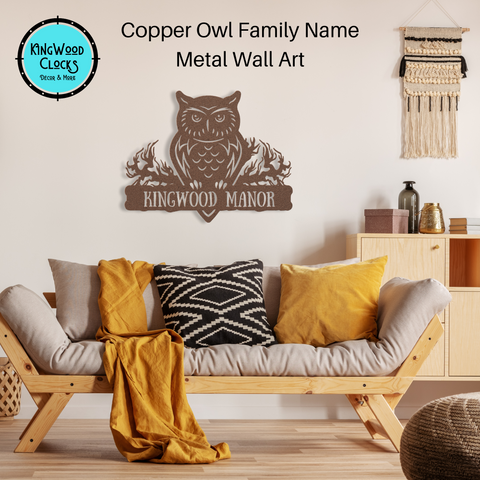 family owl name sign in copper over living room couch