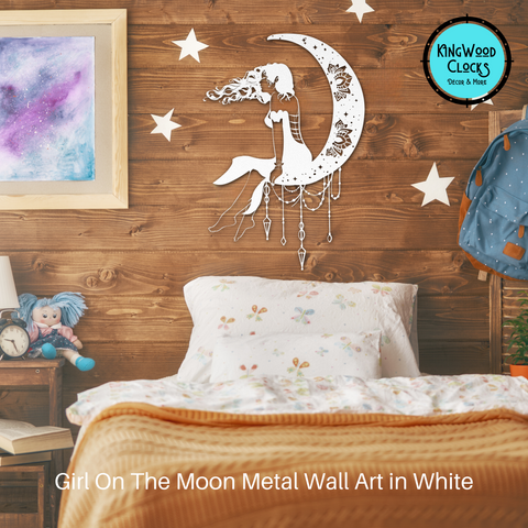 Girl On The Moon Metal Wall Art, Crescent Moon Phases Decor for Girls Bedroom, Mystical Dream Catcher Gift for Her, Dark Academia Mandala