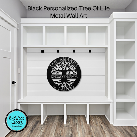 Tree Of Life Family Name Personalized Metal Wall Art in mudroom shown in black