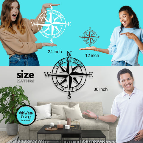 Compass Rose Metal Wall Art w/ Personalized GPS Coordinates sizes