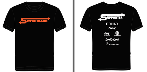 Render of a black t-shirt with the orange Switchback logo printed across the chest. On the back of the t-shirt, "Supporter" is written across the top in white in the custom Switchback font. Below it are the logos for Switchback's sponsors: Xilinx, REV Robotics, ST Microelectronics, Strange Parts, SendCutSend, and Solidworks.