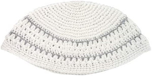 Crochet Frik Kippah Yarmulke Yamaka White Silver Stripes Israel 26 cm