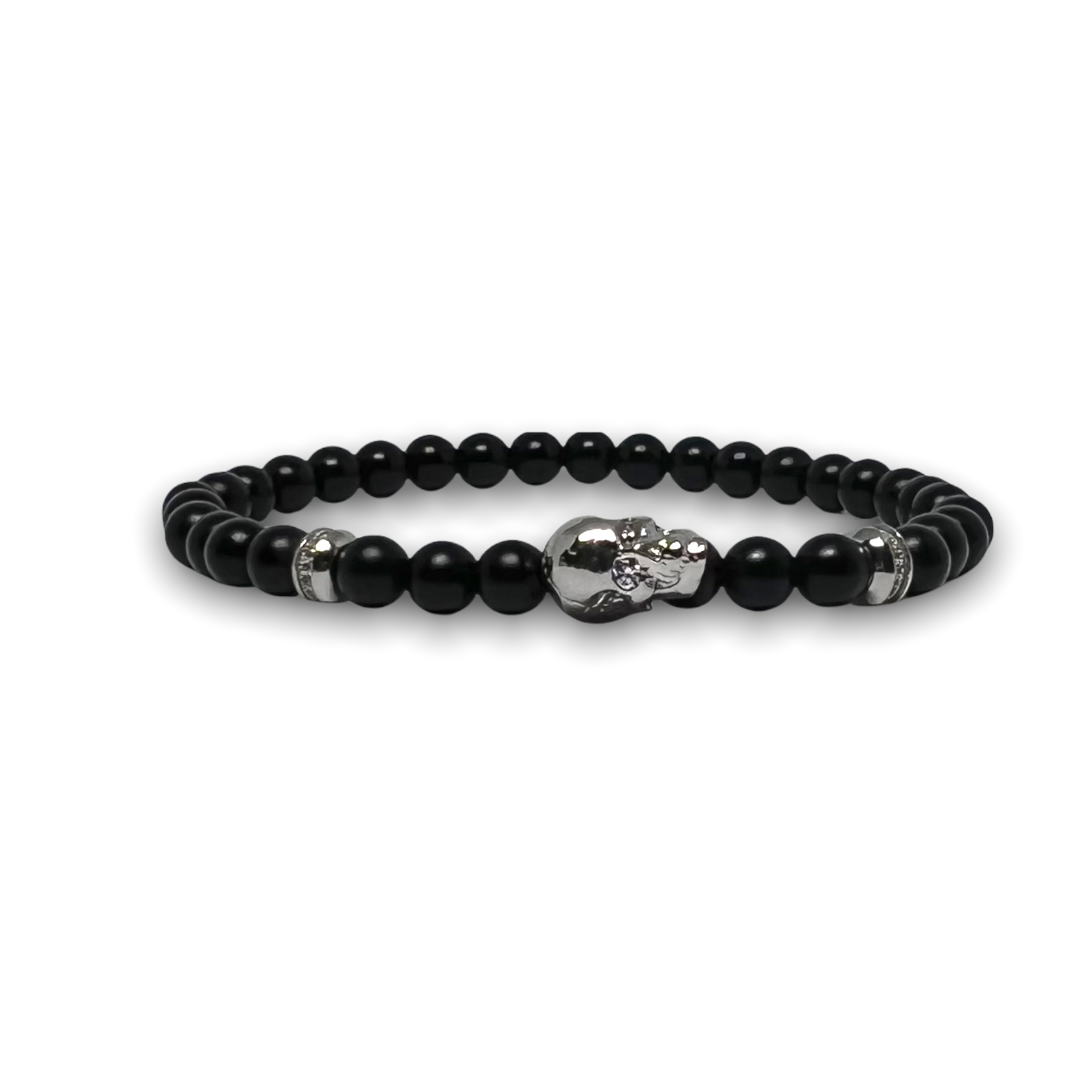 Black Matte Onyx Stone Bracelet, Silver Skull with Clear Zirconia