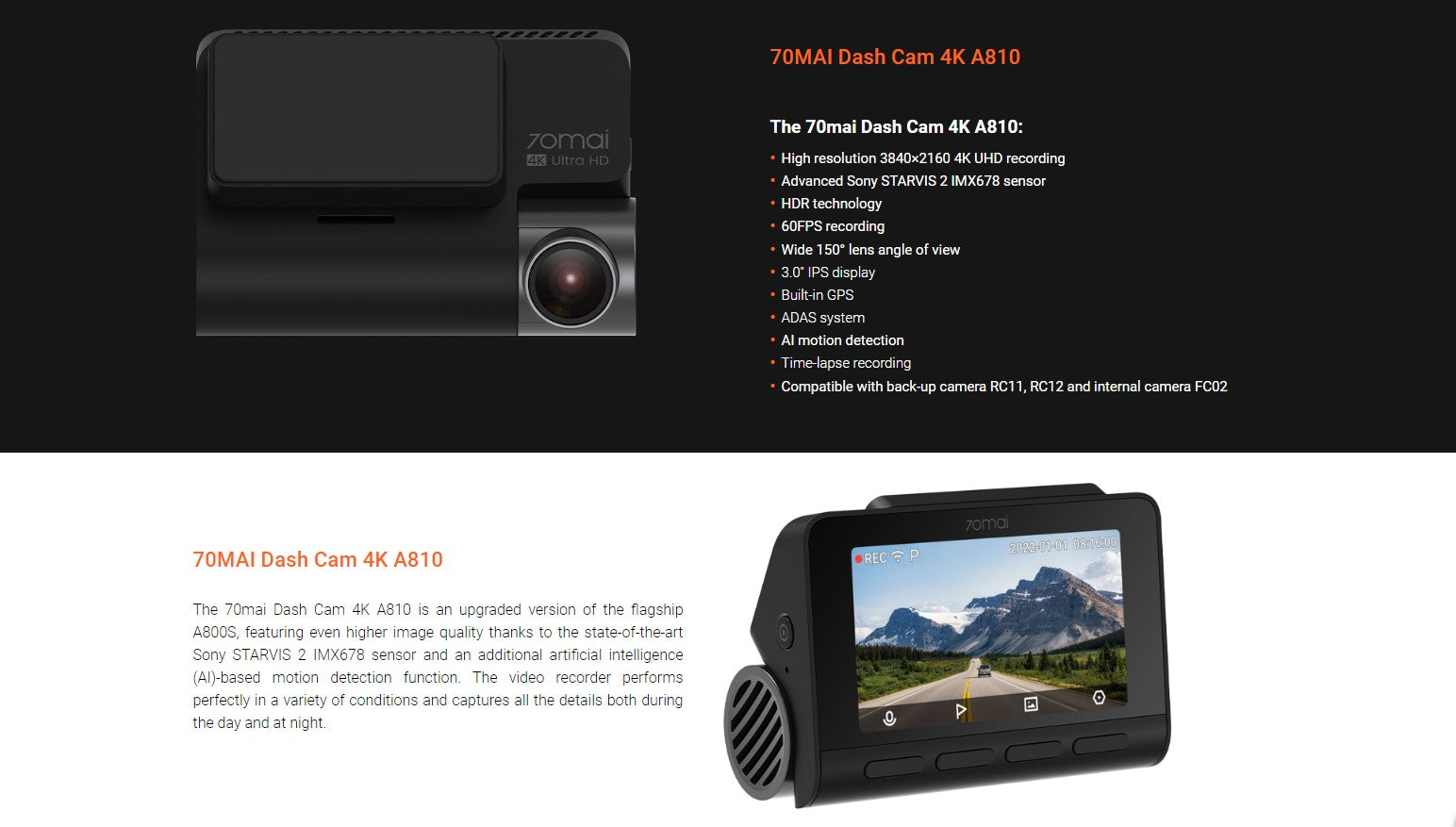 Kit 70mai Dash Cam 4K A810 + RC12 - 4K UHD HDR 60 fps - ADAS