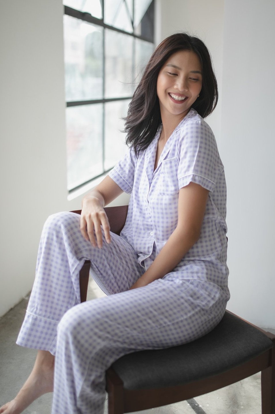 Julia Brushed Cotton Pyjamas, Midnight Navy/Ecru Gingham