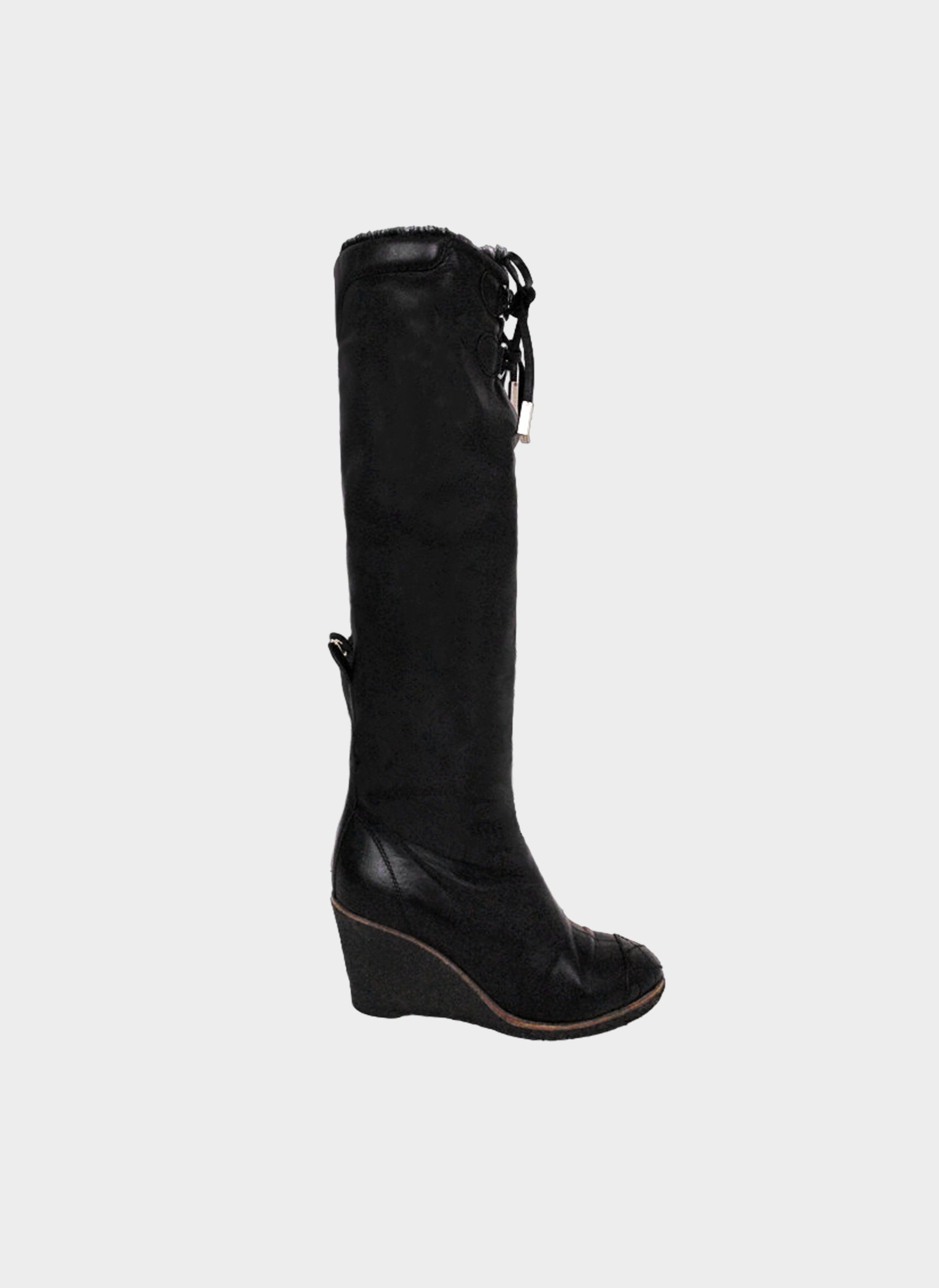 Chanel 2010s Black Leather Fur-lined Wedged Long Boots